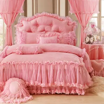 Červená Ružová Fialová Princezná kórejský štýl Čipky posteľná bielizeň nastaviť Luxusné Kráľovná King Bed list Perinu posteľ nastaviť Bedskirt parure de lit