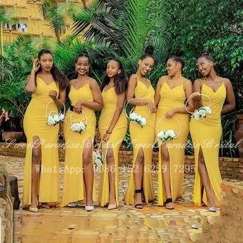 Žltá Bridesmaid, Šaty S Bočným Split 2020 Ženy Dlho Morská Víla Špagety Popruh Svadobné Party Šaty Maid Of Honor